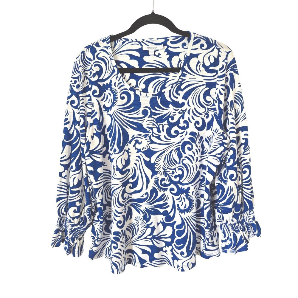 Chico's 2 Blue White Scroll Paisley Slub Knit Smocked Cuff Top Large‎ L